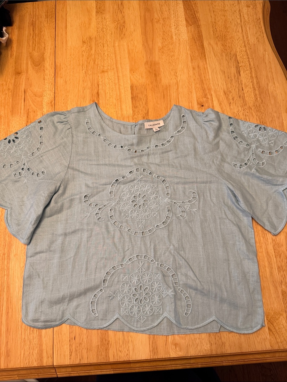 Calligraphie Light Blue Eyelet Embroidered Short Sleeve Blouse